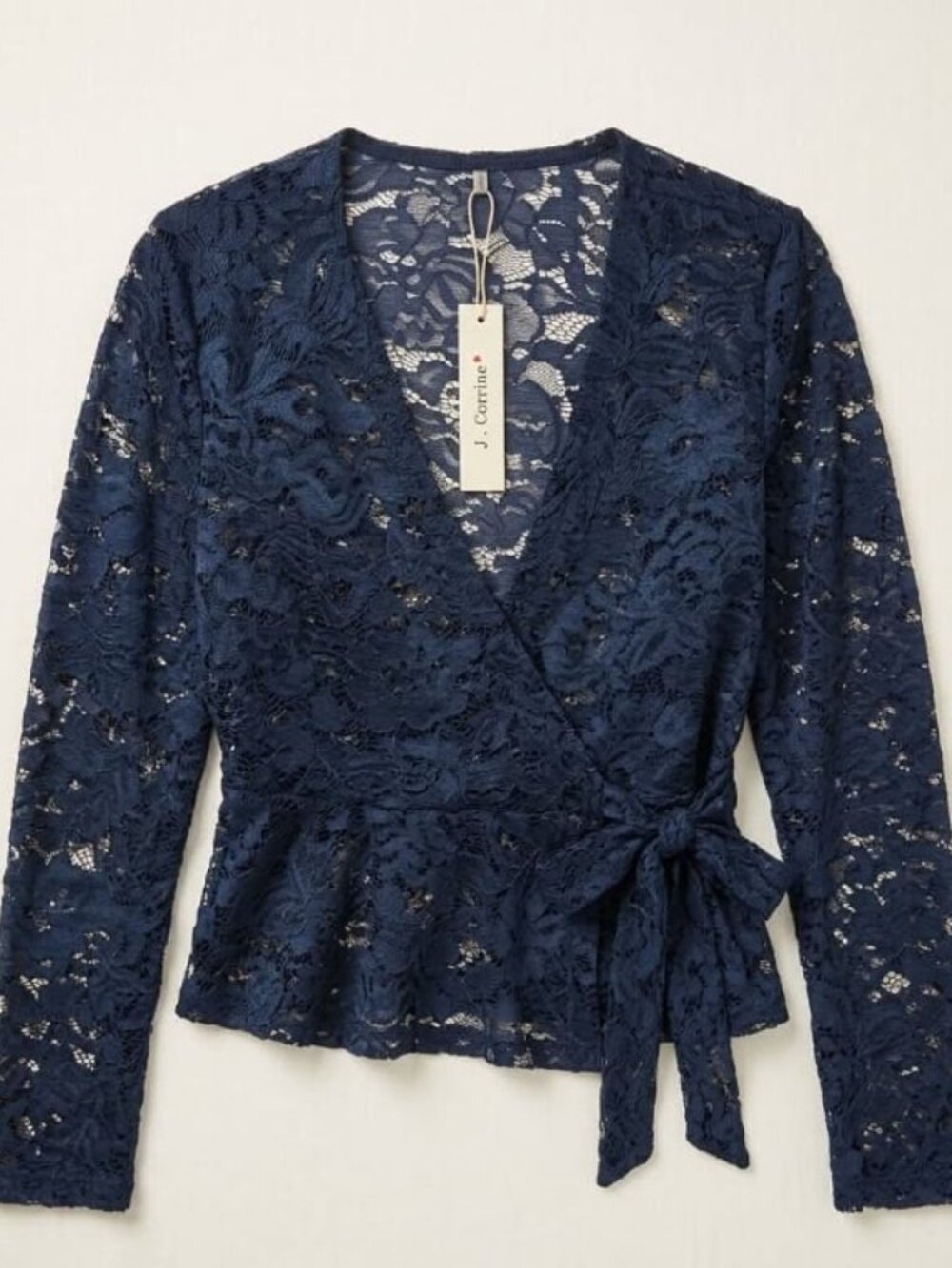 J. Corrine Navy Blue Floral Lace Long Sleeve Wrap Top NWT